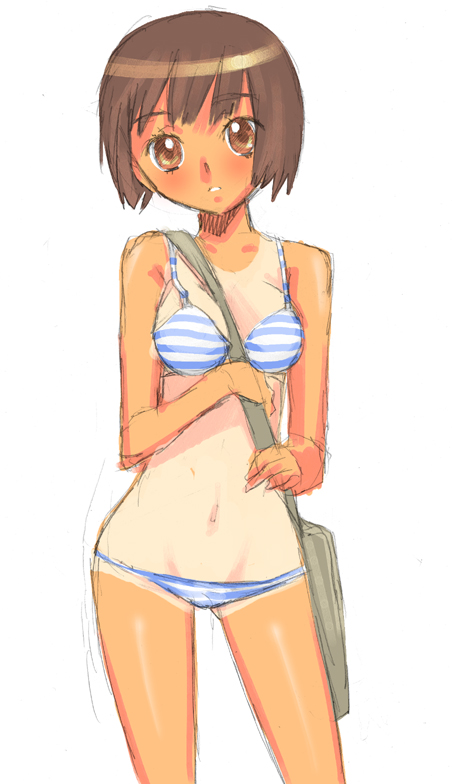 nagy, 1girl, bag, bikini, brown eyes, brown hair, female focus, head tilt, looking at viewer, navel, one-piece tan, parted lips, short hair, simple background, solo, standing, striped bikini, striped clothes, swimsuit, tan, tanline, white background, wide hips