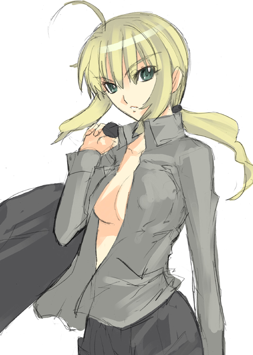 nagy, artoria pendragon (fate), saber (fate), fate/stay night, fate/zero, fate (series), 00s, alternate costume, low ponytail, open clothes, open shirt, ponytail, shirt, solo