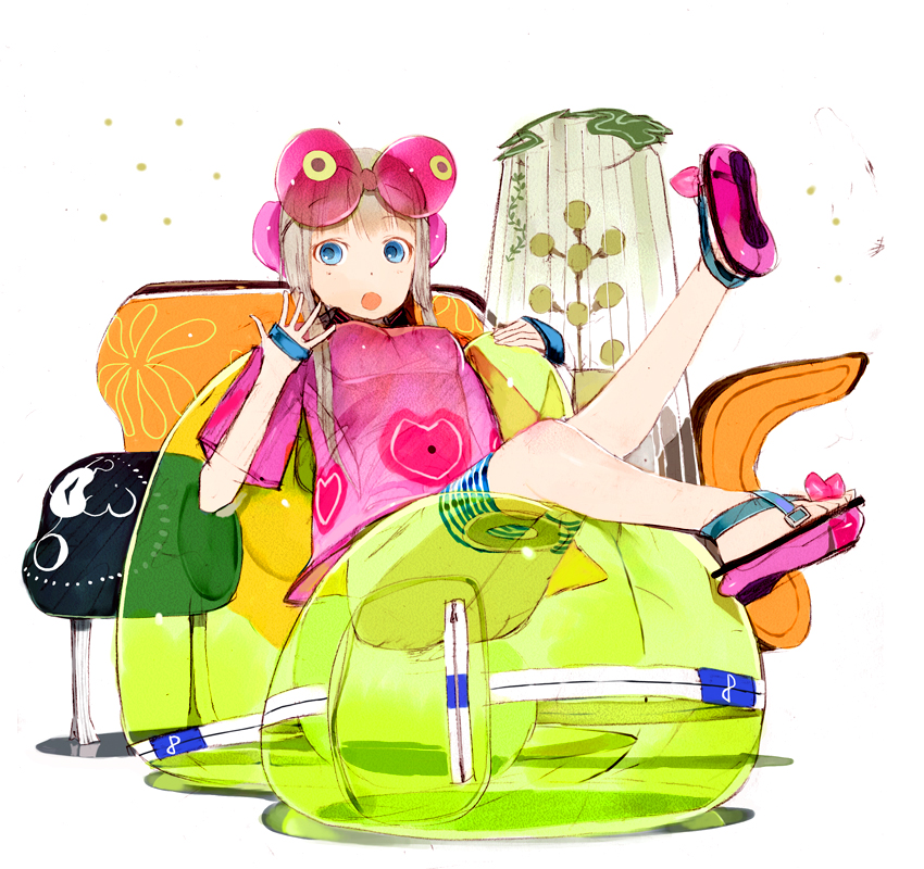 okama, original, 1girl, blue eyes, female focus, heart, open mouth, sandals, shorts, sitting, solo