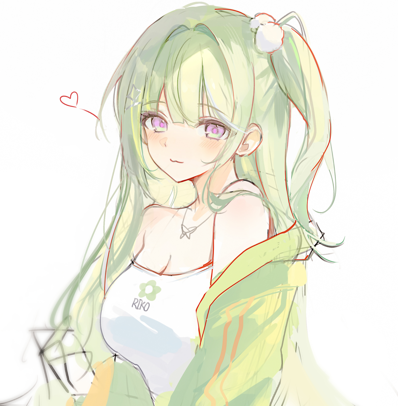 chaerom, yuzuha riko, stellive, commentary request, highres, korean commentary, 1girl, blush, breasts, camisole, character name, cleavage, closed mouth, diamond hair ornament, green hair, green jacket, hair intakes, hair ornament, hairclip, heart, jacket, jewelry, large breasts, light smile, long hair, looking at viewer, necklace, off shoulder, one side up, open clothes, open jacket, pom pom (clothes), pom pom hair ornament, print camisole, purple eyes, sidelocks, simple background, sketch, solo, strap slip, upper body, virtual youtuber, white background, white camisole, wispy bangs