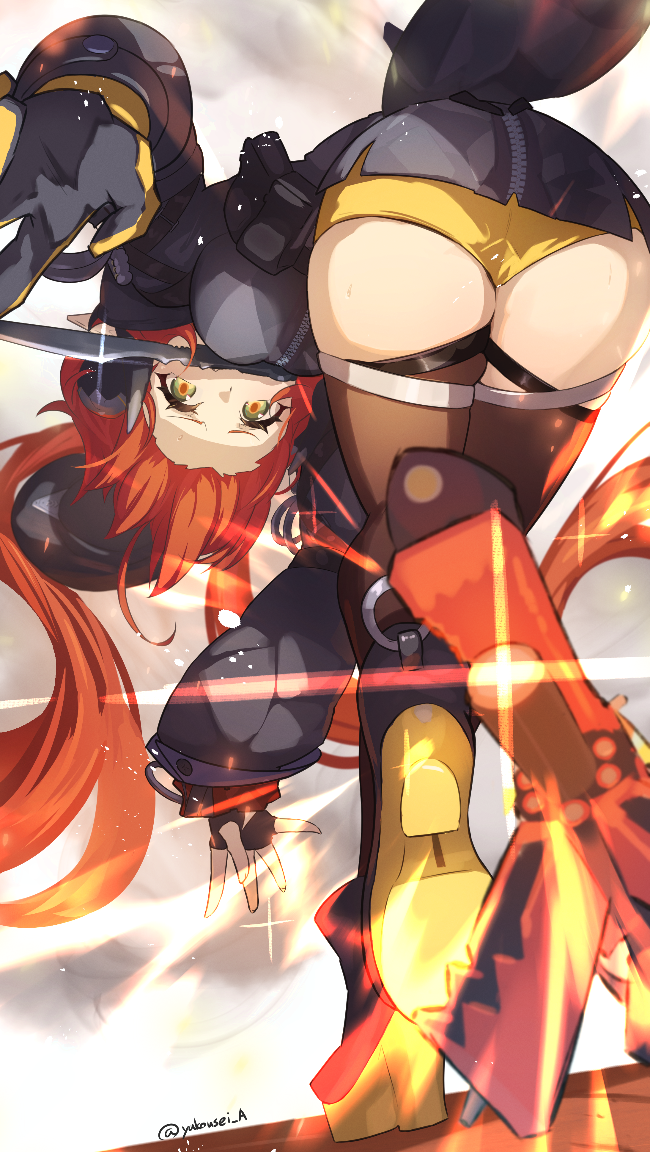yakousei a, magus (zenless zone zero), orphie magnusson, zenless zone zero, absurdres, commentary request, highres, 1girl, artist name, ass, bent over, black dress, black gloves, black horns, black shrug, black thighhighs, breasts, dragon girl, dragon horns, dress, fingerless gloves, gloves, green eyes, horns, long hair, long sleeves, looking at viewer, mechanical horns, mechanical tail, orange hair, orange pupils, panties, puffy long sleeves, puffy sleeves, shrug (clothing), single fingerless glove, tail, thighhighs, thighs, underwear, very long hair, yellow gloves, yellow panties, zipper dress