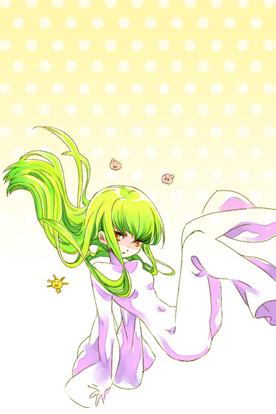 poitanu, c.c., oryzae-tan, code geass, moyashimon, 00s, 1girl, blush, covered navel, female focus, floating hair, full body, green hair, legs up, long hair, long sleeves, looking at viewer, polka dot, polka dot background, robe, sidelocks, skin tight, solo, wide sleeves, yellow eyes