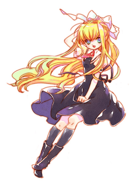 poitanu, kamio misuzu, air (visual novel), 00s, 1girl, :o, ascot, black boots, black dress, blonde hair, blue eyes, blunt bangs, boots, dress, female focus, long hair, looking at viewer, open mouth, ponytail, puffy short sleeves, puffy sleeves, short sleeves, simple background, solo, thighhighs, very long hair, white background, zettai ryouiki