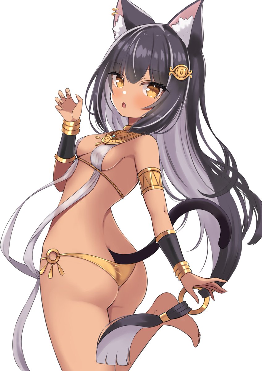 siragagaga, original, highres, 1girl, ancient egyptian, ancient egyptian clothes, animal ear fluff, animal ears, arm up, armlet, ass, barefoot, bikini, black hair, blush, bracer, breasts, brown eyes, cat ears, cat girl, cat tail, claw pose, dark-skinned female, dark skin, feet, from behind, gold bikini, hair ornament, hairclip, jewelry, leg up, long hair, looking back, open mouth, small breasts, soles, solo, standing, standing on one leg, swimsuit, tail, thighs, toes, white bikini
