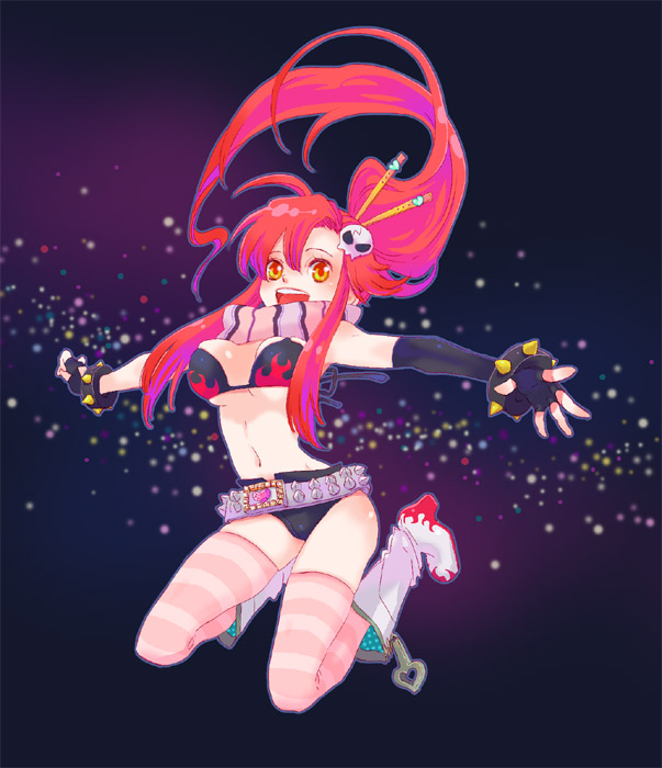 poitanu, yoko littner, tengen toppa gurren lagann, 00s, 1girl, bikini, bikini top only, female focus, full body, short shorts, shorts, solo, striped clothes, striped thighhighs, swimsuit, thighhighs