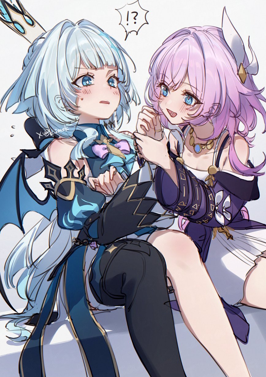 imasaki kei, cerydra (honkai: star rail), cyrene (honkai: star rail), honkai: star rail, honkai (series), commentary request, highres, unfinished, !?, 2girls, bare shoulders, black thighhighs, blue dress, blue eyes, blue hair, blush, breasts, cleavage, coat, crown, cyrene (aedes elysiae) (honkai: star rail), detached sleeves, dress, hair intakes, hair ornament, jewelry, long hair, multiple girls, necklace, open mouth, pink hair, purple coat, short hair, simple background, single thighhigh, small breasts, smile, thighhighs, very long hair, white background, white dress, yuri