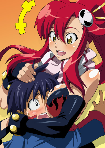 isse, simon (ttgl), yoko littner, tengen toppa gurren lagann, 00s, 1boy, 1girl, accidental pervert, blue hair, blush, breast press, breast smother, breasts, elbow gloves, face to breasts, gloves, hair ornament, hetero, hug, long hair, ponytail, red hair, scarf, short hair, yellow eyes