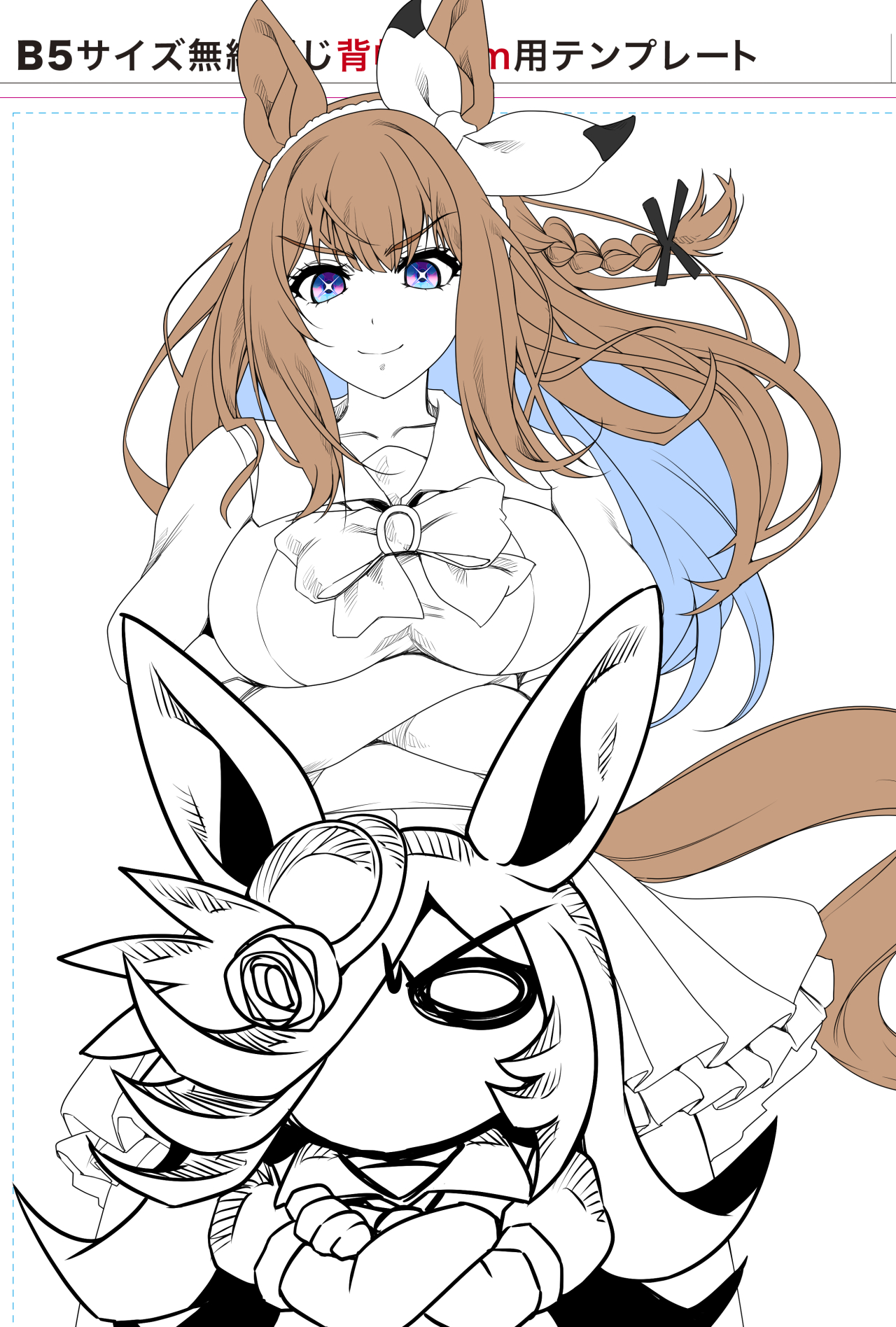 hisahiko, almond eye (umamusume), rice shower (umamusume), umamusume, commentary request, highres, translation request, unfinished, 2girls, animal ears, bow, braid, breasts, chibi, flower, hair ornament, hair over one eye, hair ribbon, hairband, hairclip, hat, hat flower, horse ears, horse girl, long hair, looking at viewer, multiple girls, partially colored, ribbon, rose, school uniform, short sleeves, smile, sparkling eyes, tracen school uniform
