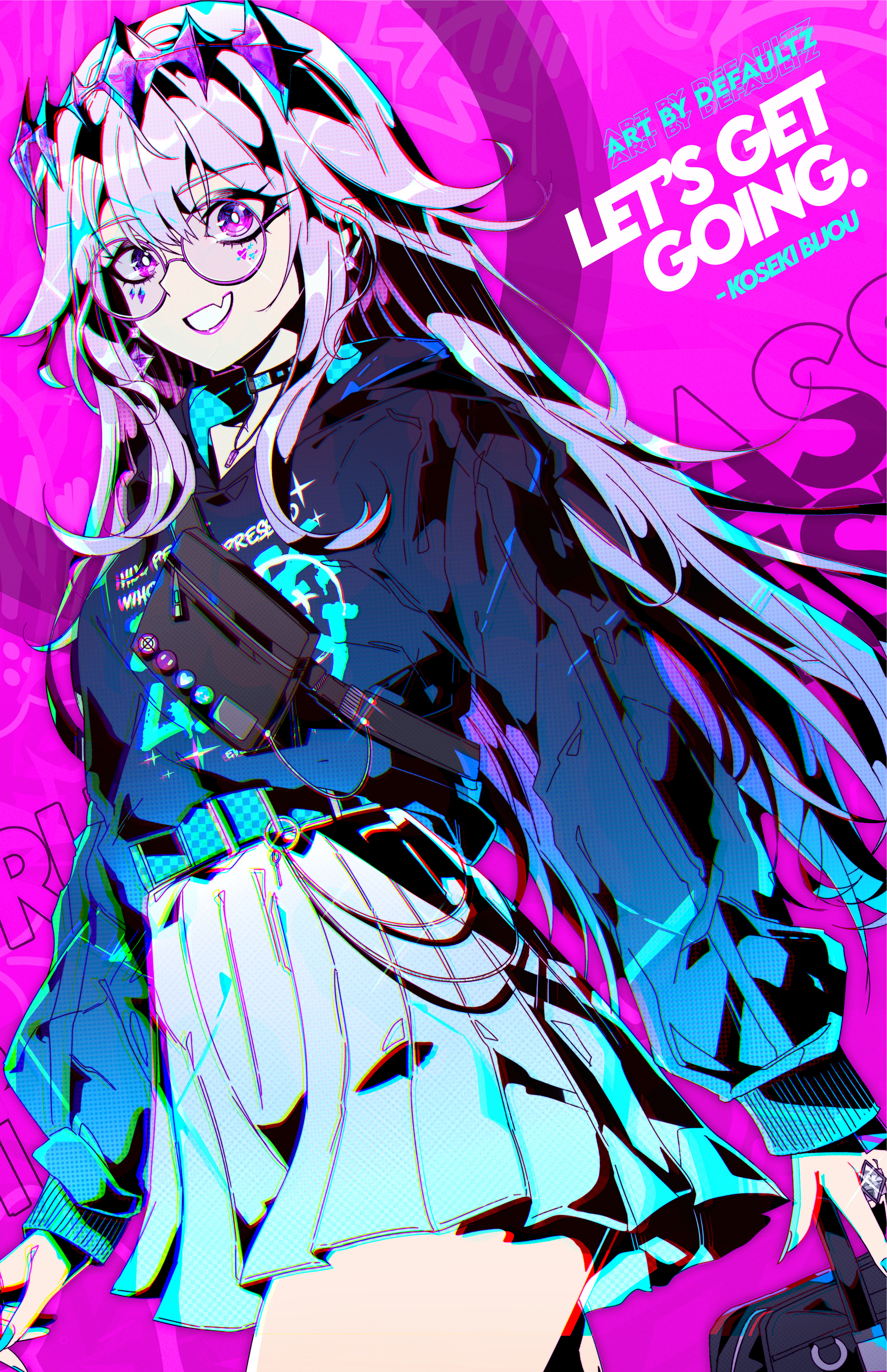 defaultz, koseki bijou, hololive, hololive english, absurdres, highres, 1girl, artist name, belt, black bag, black choker, black hoodie, blue belt, blue nails, character name, choker, fang, glasses, grey hair, hair ornament, hood, hood down, hoodie, jewelry, long hair, long sleeves, necklace, open mouth, pink background, pleated skirt, purple eyes, round eyewear, skin fang, skirt, smile, solo, virtual youtuber, white skirt