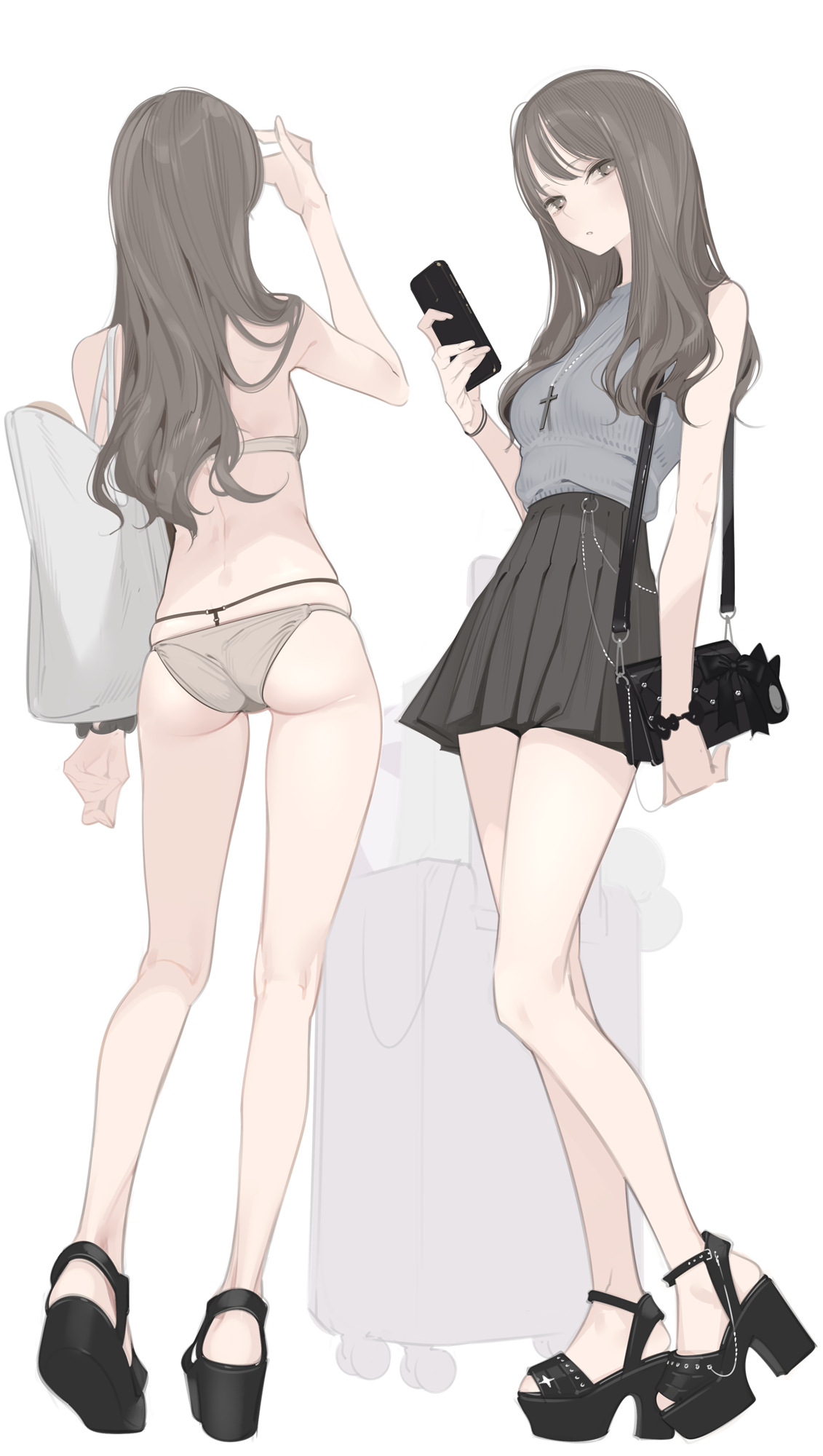 ama mitsuki, original, commentary request, highres, 1girl, ass, bag, bikini, black bag, cellphone, closed mouth, grey hair, grey sweater, holding, holding phone, long hair, multiple views, phone, platform shoes, shoulder bag, sleeveless, sleeveless sweater, smartphone, sweater, swimsuit, white bikini