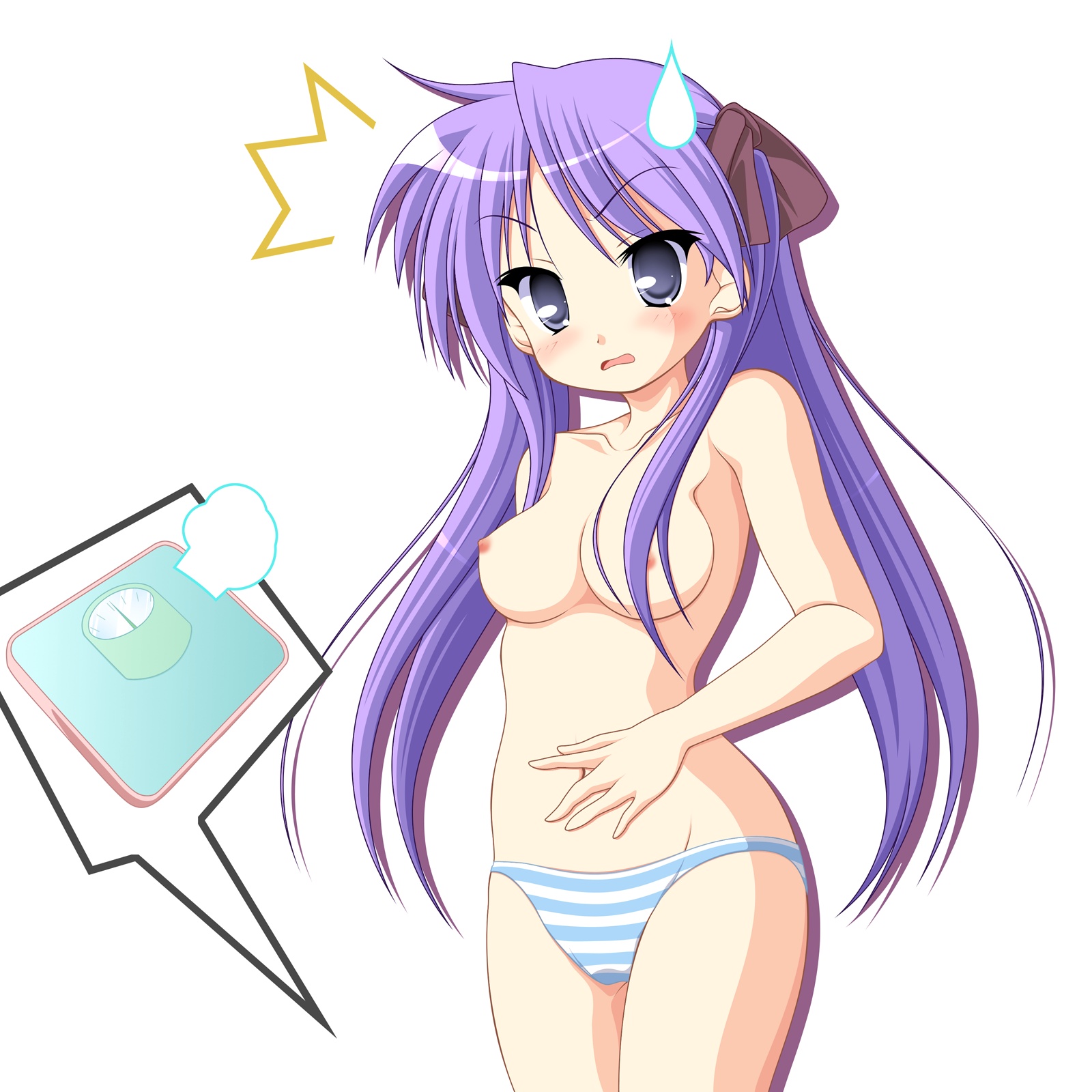 kakesu, hiiragi kagami, lucky star, highres, 00s, nipples, panties, solo, striped clothes, striped panties, topless female, underwear