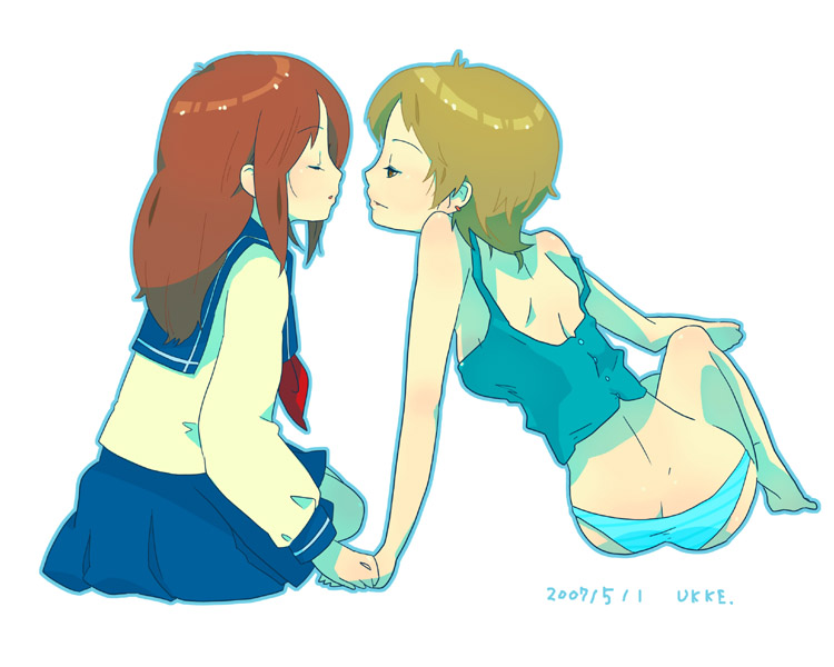 ukke, original, 2girls, barefoot, camisole, couple, female focus, imminent kiss, kiss, long sleeves, multiple girls, outline, panties, school uniform, serafuku, simple background, sleeveless, underwear, white background, yuri