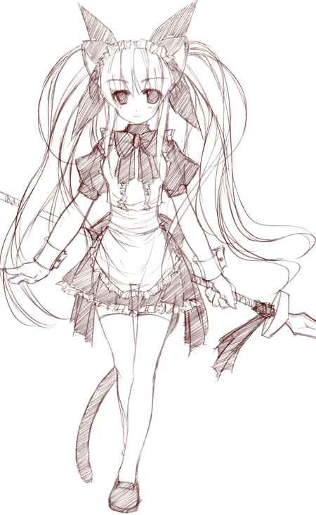 yumesato makura, original, 1girl, animal ears, cat ears, female focus, maid, monochrome, pink theme, sketch, solo, thighhighs, zettai ryouiki