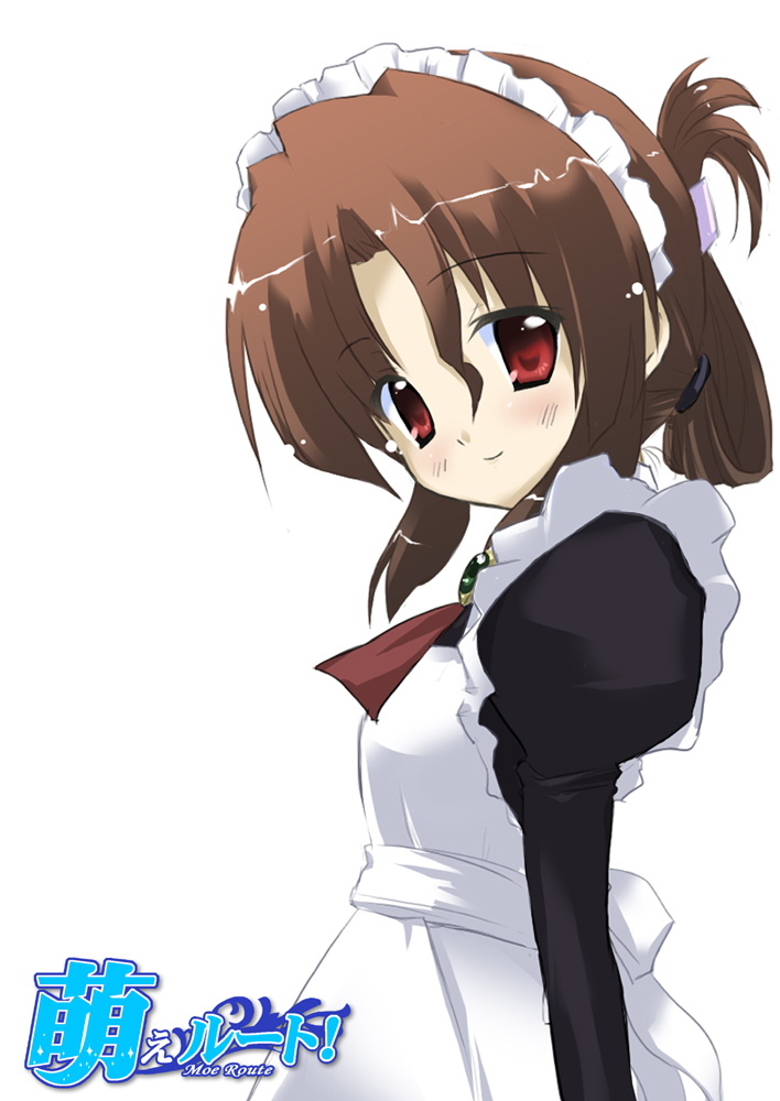 minase shuu, maria (hayate no gotoku!), hayate no gotoku!, 00s, 1girl, apron, ascot, brown hair, female focus, folded ponytail, from side, hair ornament, hairclip, juliet sleeves, long sleeves, looking at viewer, maid, maid apron, maid headdress, puffy sleeves, red eyes, scrunchie, smile, solo, white background