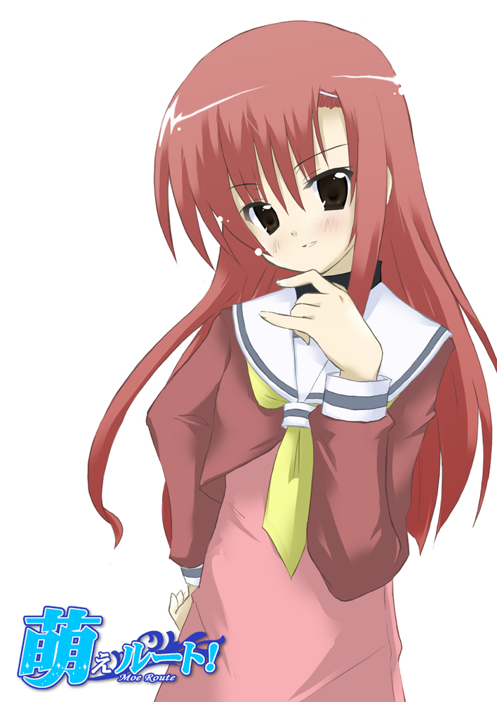 minase shuu, katsura hinagiku, hayate no gotoku!, 00s, 1girl, ascot, black eyes, blush, dress, female focus, hair ornament, hairpin, hand on own chin, hand on own hip, hand up, head tilt, jacket, light smile, long hair, long sleeves, looking at viewer, neckerchief, parted lips, pink dress, pink hair, sailor collar, school uniform, serafuku, simple background, smile, solo, white background