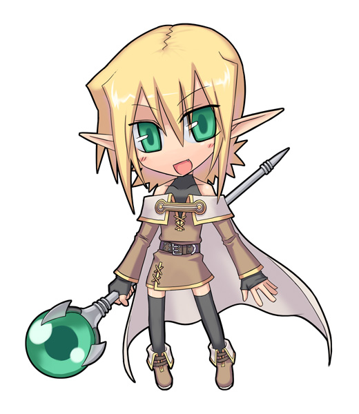 kurakumo nue, tagme, blonde hair, fantasy, green eyes, pointy ears, staff, thighhighs