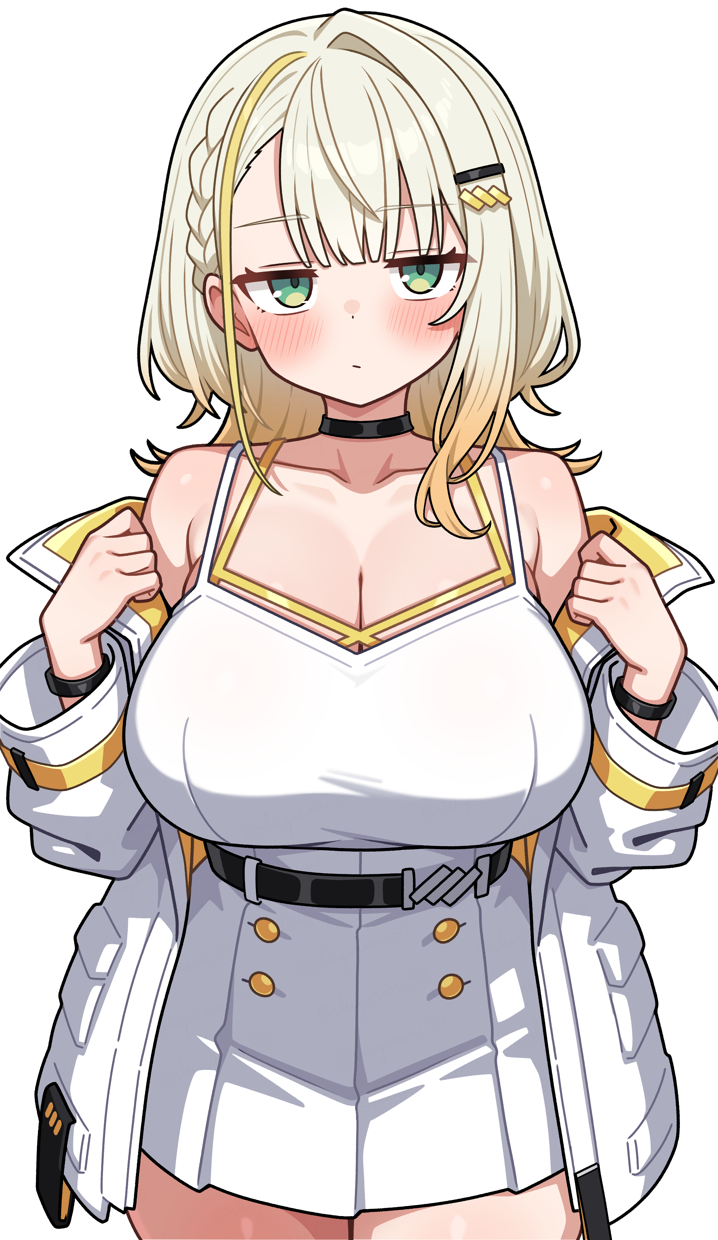 shiguren 39, tsunose kotone, a.i. voice, absurdres, commentary request, highres, 1girl, black choker, blonde hair, blush, bracelet, braid, breasts, choker, cleavage, collarbone, cowboy shot, dress, green eyes, hair ornament, hairclip, jacket, jewelry, jitome, large breasts, long sleeves, looking at viewer, medium hair, multicolored hair, simple background, sleeveless, sleeveless dress, solo, streaked hair, white background, white dress, white jacket