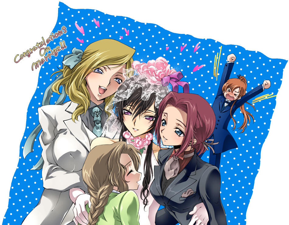 iyou, mizuno poppo, poppo, kouzuki kallen, lelouch vi britannia, milly ashford, nunnally vi britannia, shirley fenette, code geass, 00s, 1boy, 4girls, bride, crossdressing, dress, english text, engrish text, formal clothes, multiple girls, pant suit, pants, ranguage, suit, wedding dress