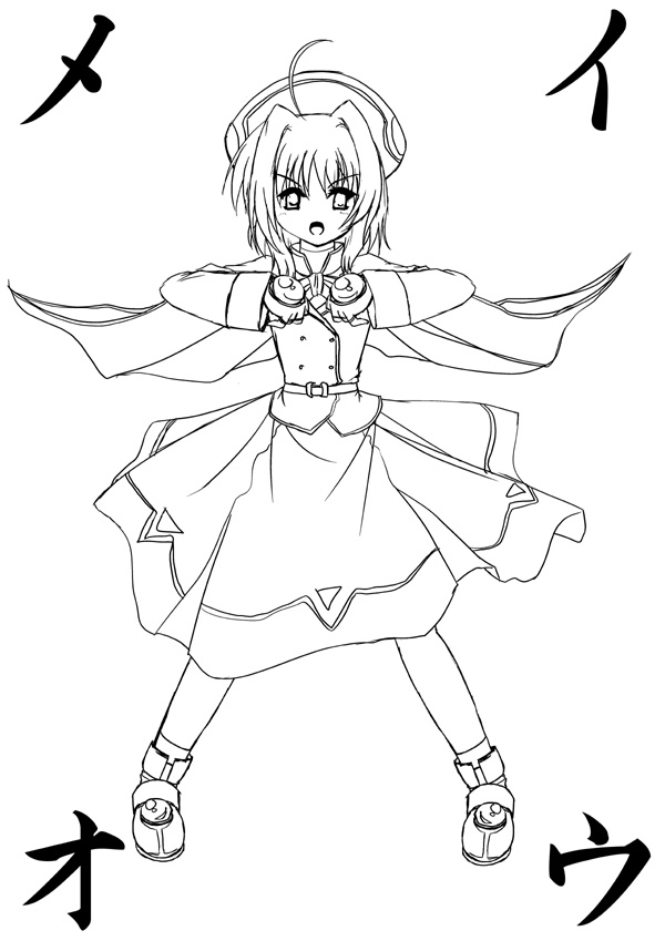frapowa, caro ru lushe, kerykeion (nanoha), zeorymer, hades project zeorymer, lyrical nanoha, mahou shoujo lyrical nanoha, mahou shoujo lyrical nanoha strikers, 1girl, ahoge, cape, female focus, fingerless gloves, gloves, greyscale, hat, magical girl, monochrome, parody, solo