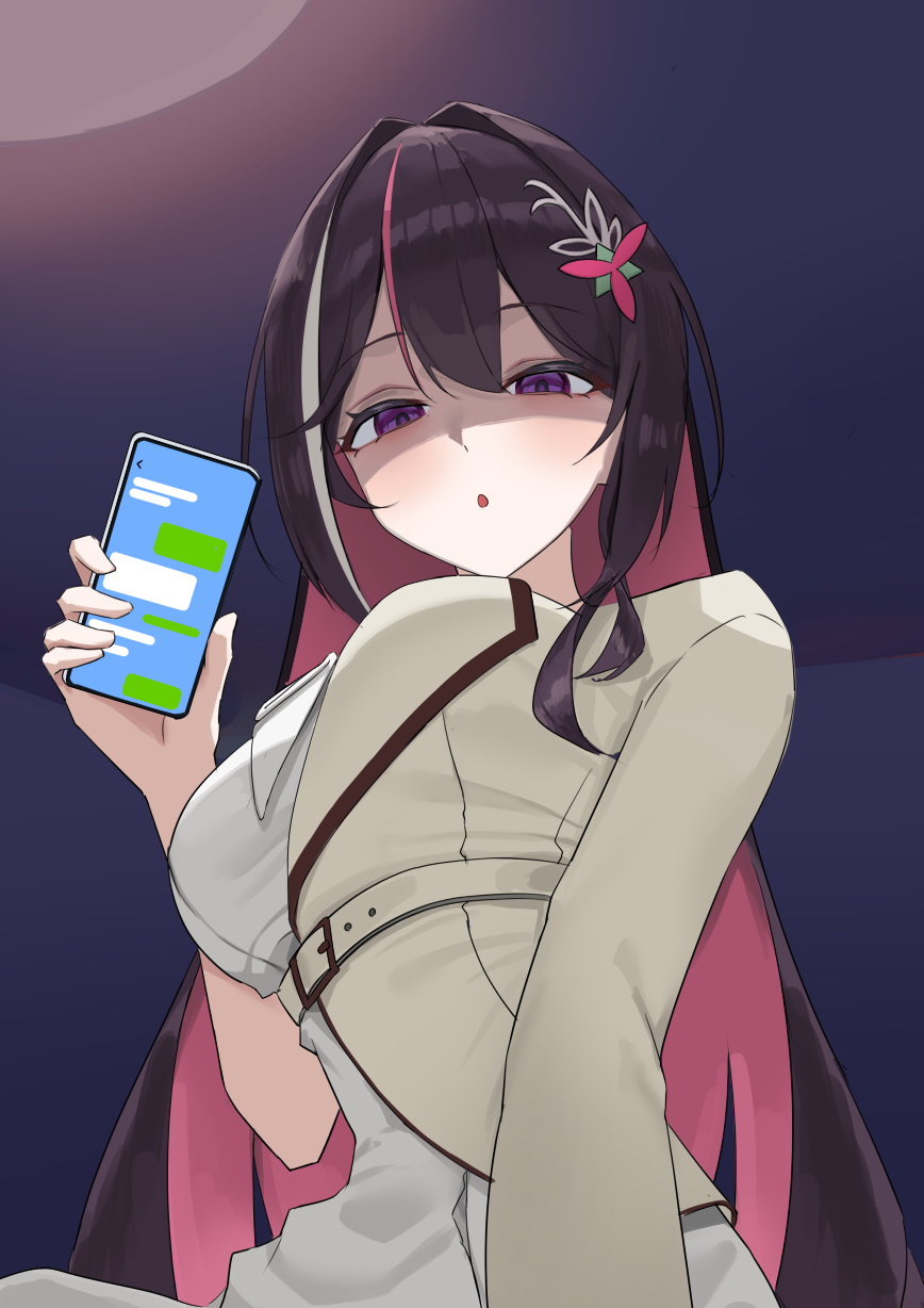 haro art, azki (4th costume) (hololive), azki (hololive), hololive, commentary request, highres, 1girl, ascot, asymmetrical sidelocks, black hair, breasts, collared dress, colored inner hair, double-parted bangs, dress, hair intakes, half-jacket, holding, holding phone, jacket, large breasts, long hair, multicolored hair, official alternate costume, open mouth, phone, pink hair, purple eyes, shaded face, sidelocks, solo, streaked hair, very long hair, virtual youtuber, white ascot, white dress, white hair, white jacket, yandere