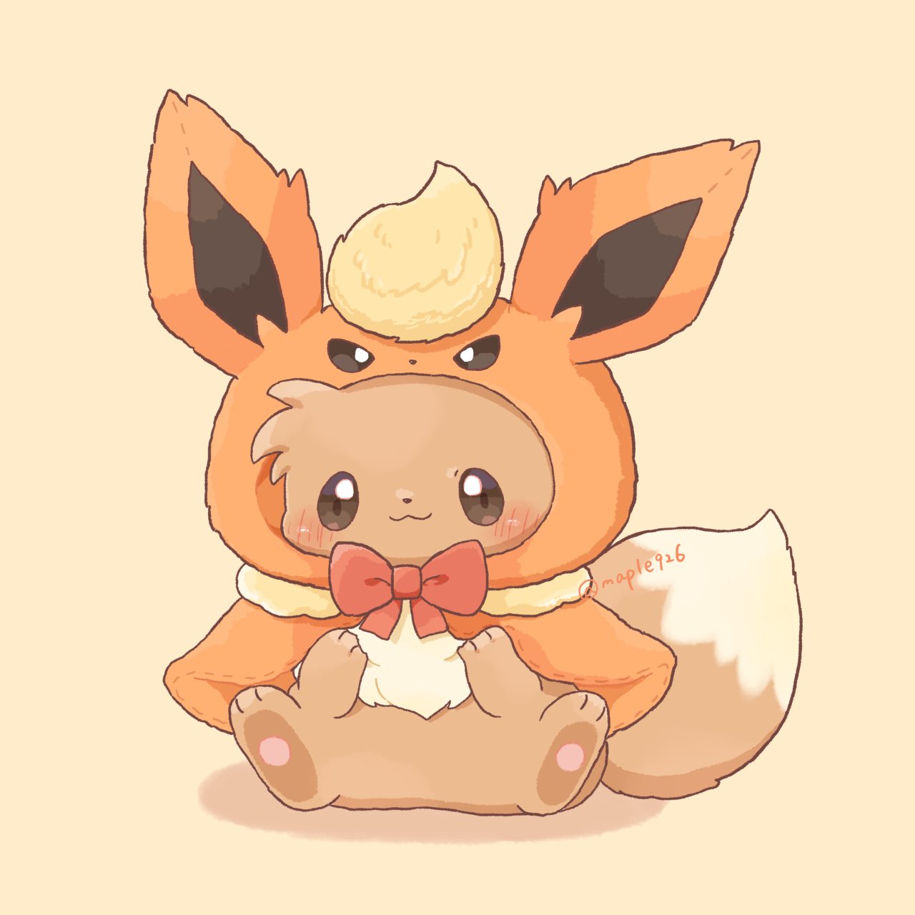 kana (maple926), eevee, flareon, nintendo, pokemon, highres, :3, animal focus, blush, bow, brown eyes, brown fur, closed mouth, cosplay, flareon (cosplay), full body, gen 1 pokemon, hood, hood up, looking at viewer, no humans, pokemon (creature), pokemon focus, simple background, smile, solo, tail