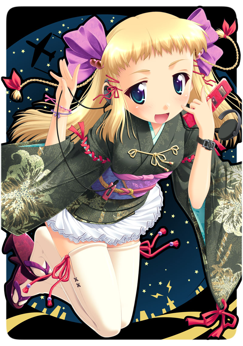 simk, yamabuki zarame, original, 1girl, :d, blonde hair, blue eyes, cellphone, earphones, female focus, headphones, japanese clothes, kimono, kimono skirt, okobo, open mouth, phone, platform sandals, sandals, smile, solo, tabi, thighhighs, zettai ryouiki