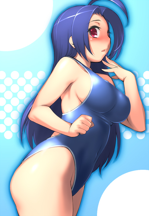 seki suzume, miura azusa, idolmaster, idolmaster (classic), idolmaster 1, 00s, 1girl, blue hair, breasts, competition swimsuit, female focus, highleg, highleg one-piece swimsuit, large breasts, leaning forward, long hair, one-piece swimsuit, red eyes, school swimsuit, sideboob, solo, swimsuit