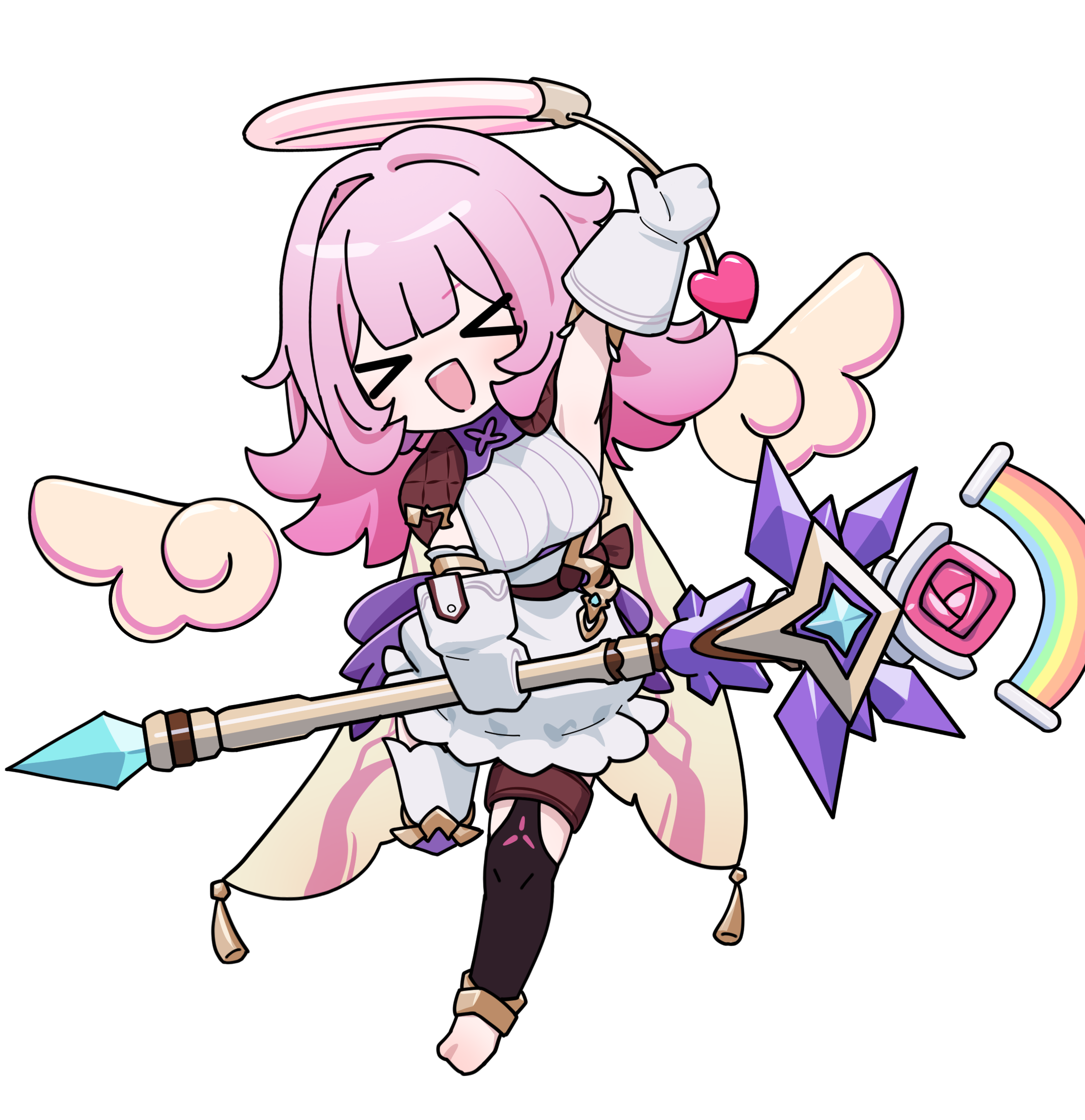 akaika (aka), elf elysia, honkai (series), honkai impact 3rd, commentary request, highres, > <, 1girl, angel wings, barefoot, breasts, dress, full body, gloves, halo, heart, holding, holding staff, medium breasts, medium hair, pink hair, simple background, solo, staff, standing, standing on one leg, white background, white dress, white gloves, wings