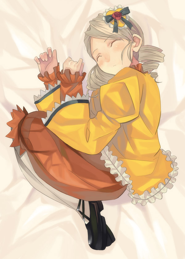 kabocha, kabocha (monkey4), kanaria, rozen maiden, 00s, 1girl, black shoes, blush, drill hair, female focus, frills, from above, full body, hair ornament, heart, heart hair ornament, juliet sleeves, long sleeves, lying, on side, orange skirt, puffy long sleeves, puffy sleeves, shirt, shoes, short hair, skirt, sleeping, solo, twin drills, yellow shirt