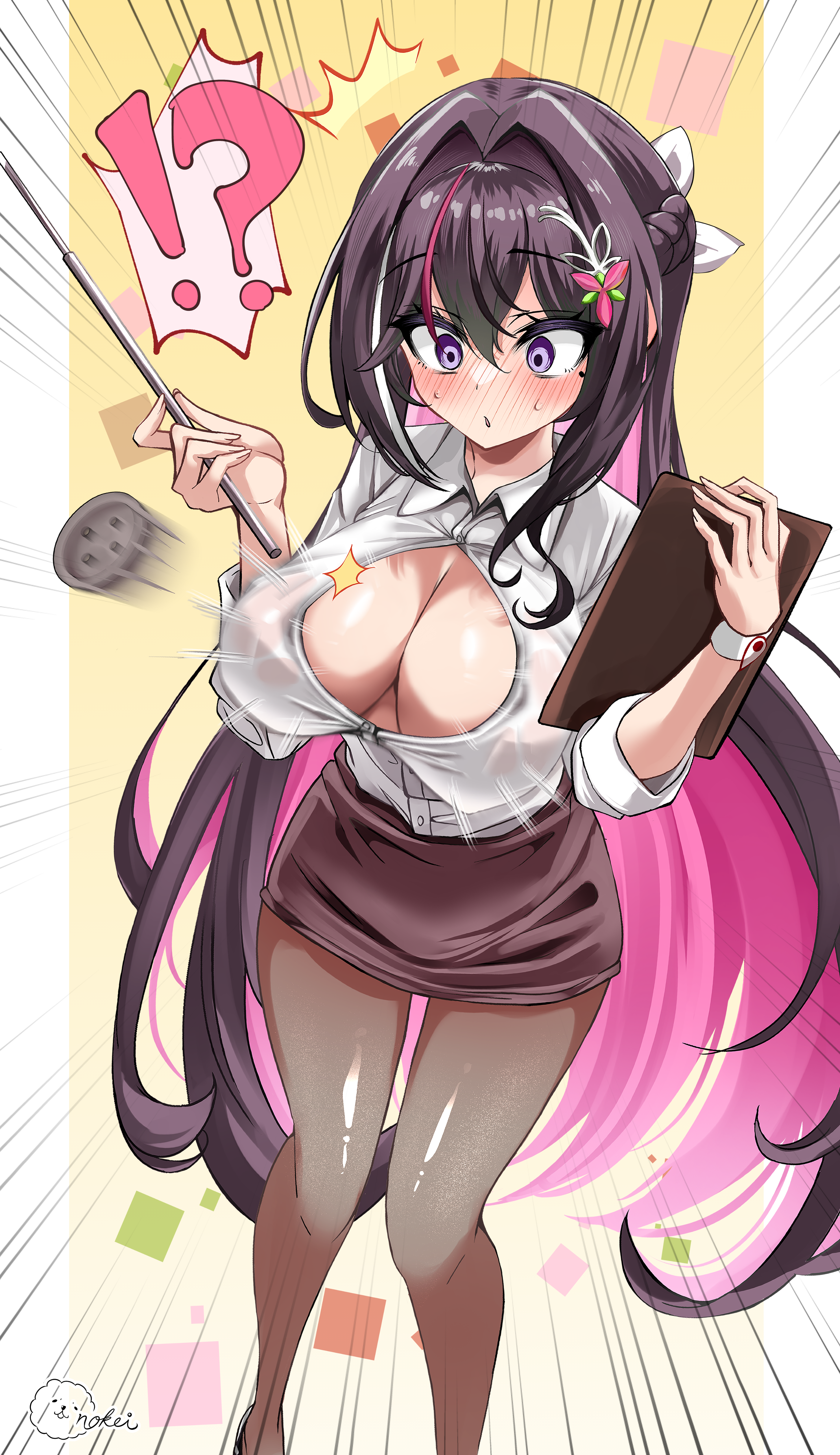 inokeiwd, azki (hololive), hololive, absurdres, highres, 1girl, accidental exposure, black hair, blush, breasts, bursting breasts, cleavage, colored inner hair, embarrassed, flying button, hair intakes, large breasts, long hair, mole, mole under eye, multicolored hair, pantyhose, pink hair, popped button, purple eyes, shirt, skirt, solo, streaked hair, teacher, very long hair, virtual youtuber, wardrobe malfunction, white shirt