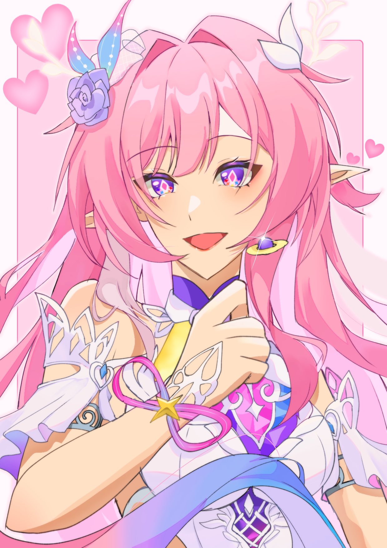 cyrene (honkai: star rail), cyrene (ripples of past reverie) (honkai: star rail), honkai: star rail, honkai (series), hashtag-only commentary, highres, 1girl, bare shoulders, border, breasts, detached sleeves, diamond-shaped pupils, diamond (shape), e e332, earrings, flower, hair flower, hair intakes, hair ornament, jewelry, large breasts, long hair, open mouth, pink background, pink hair, pointy ears, purple eyes, smile, solo, symbol-shaped pupils, upper body, very long hair, white border