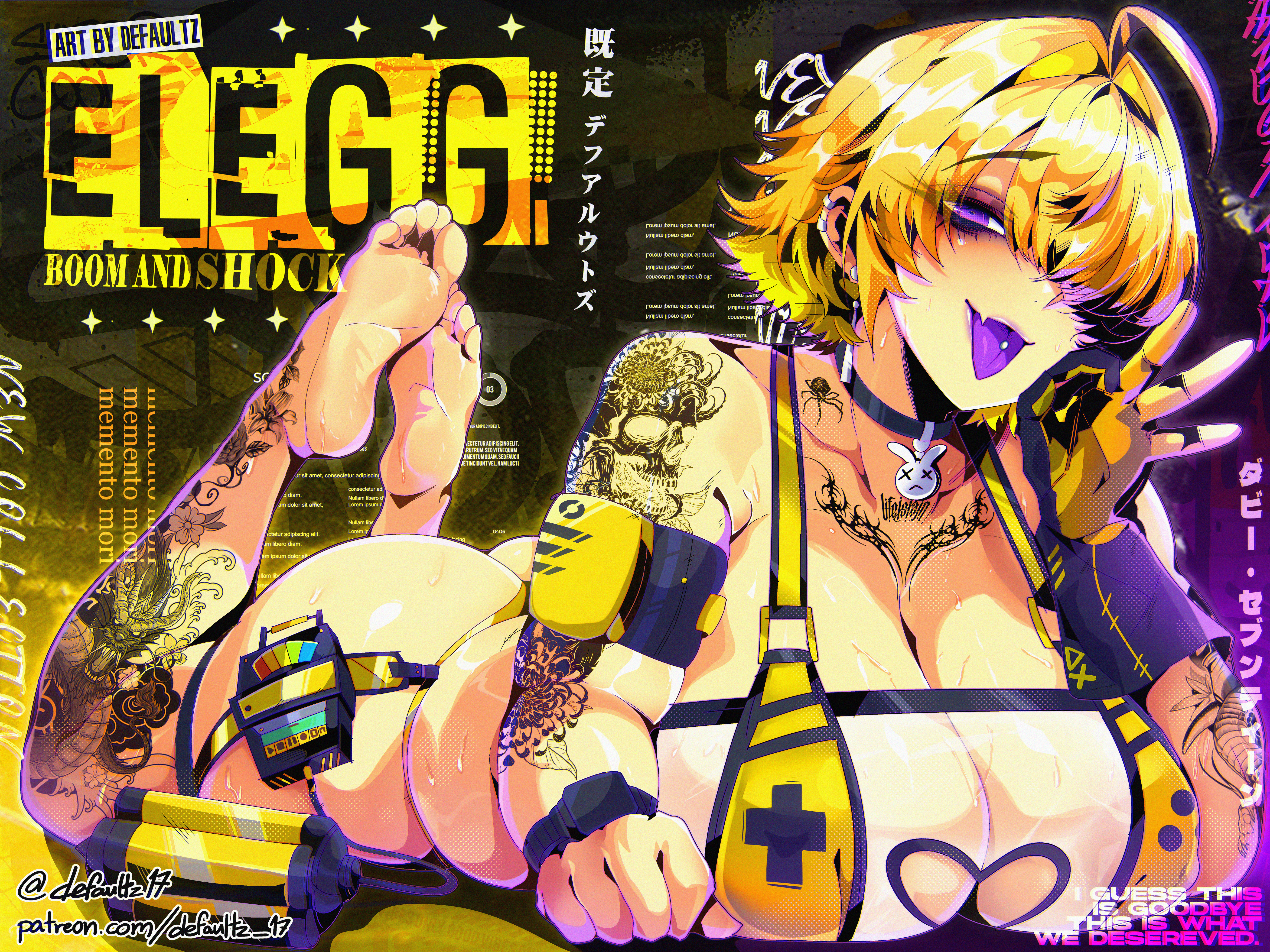 defaultz, elegg (nikke), goddess of victory: nikke, absurdres, highres, 1girl, arm tattoo, artist name, ass, barefoot, black choker, blonde hair, breasts, choker, cleavage, cleavage cutout, clothing cutout, collarbone, colored tongue, earrings, fellatio gesture, gloves, hair intakes, hair over one eye, heart cutout, jewelry, large breasts, leg tattoo, lying, on stomach, patreon username, piercing, purple eyes, purple tongue, short hair, single glove, soles, spider tattoo, sweat, tattoo, the pose, tongue piercing, twitter username