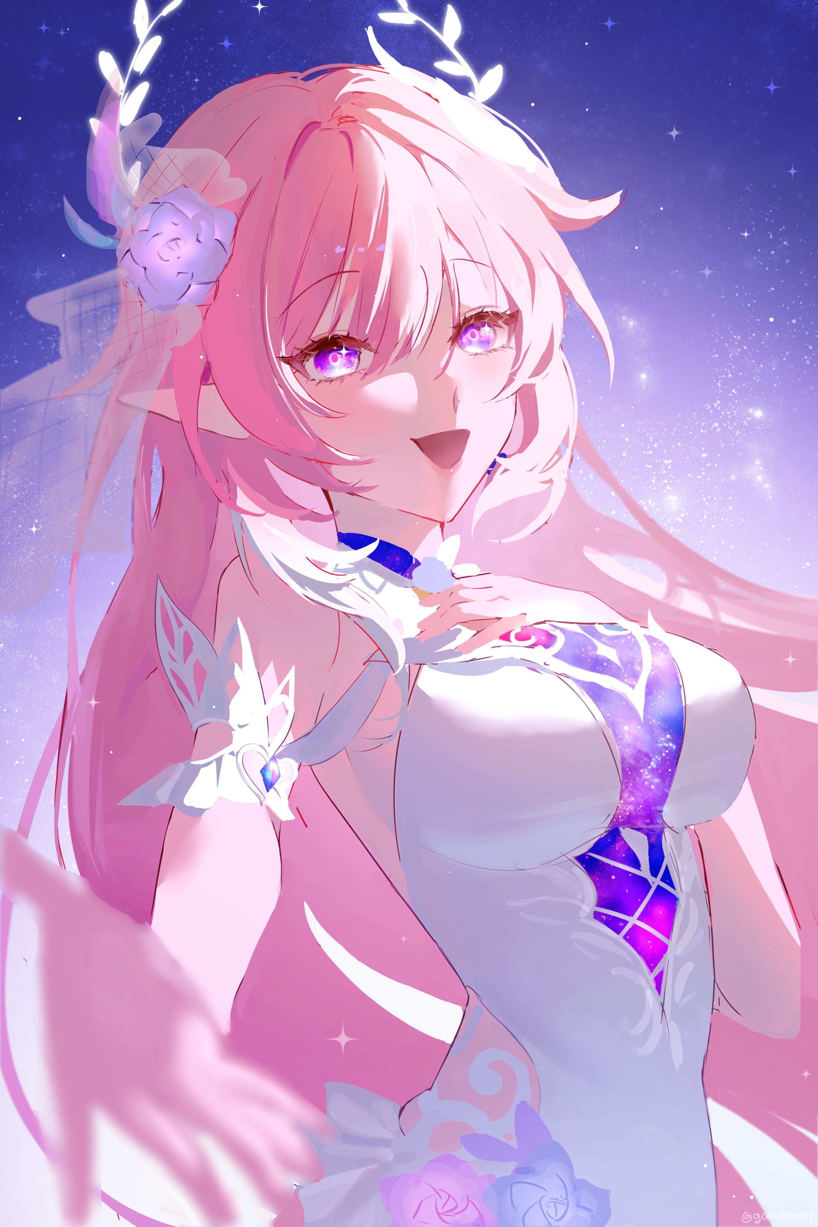 cyrene (honkai: star rail), cyrene (ripples of past reverie) (honkai: star rail), honkai: star rail, honkai (series), absurdres, commentary, english commentary, highres, 1girl, bare shoulders, blue sky, breasts, diamond-shaped pupils, diamond (shape), dress, flower, goatsheeeep, hair flower, hair ornament, halo, large breasts, long hair, looking at viewer, open mouth, pink hair, pointy ears, purple eyes, reaching, reaching towards viewer, sky, smile, solo, star (sky), starry sky, symbol-shaped pupils, very long hair, white dress