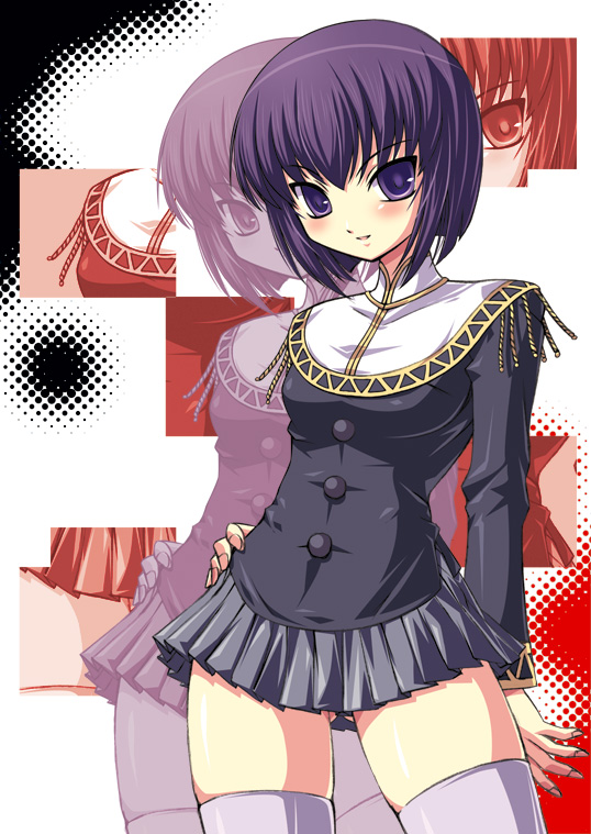 shimamoto utsumi, murasame shion, seraphim call, 1990s (style), 1girl, dress, female focus, grey dress, hand on own hip, pleated skirt, purple eyes, purple hair, purple thighhighs, retro artstyle, short hair, skirt, solo, thighhighs, zettai ryouiki, zoom layer
