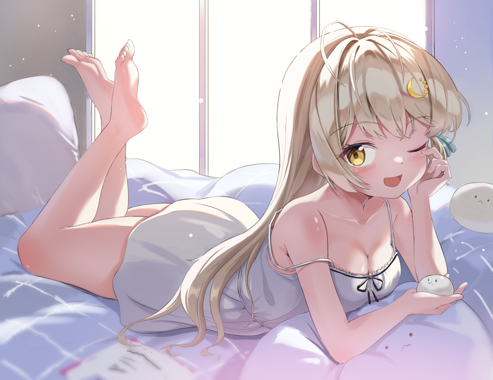 original, highres, 1girl, bare shoulders, barefoot, blonde hair, blush, breasts, cleavage, dress, gimhyeo09366967, indoors, large breasts, long hair, looking at viewer, lying, on stomach, one eye closed, open mouth, smile, solo, spaghetti strap, strap slip, white dress, yellow eyes