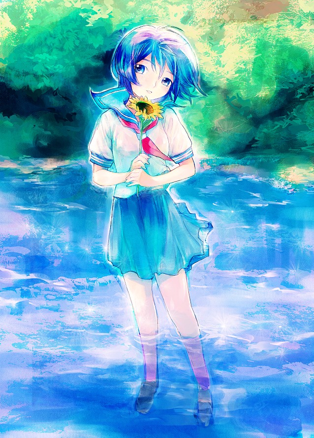 mekarauroko, original, 1girl, blue eyes, blue hair, female focus, flower, matching hair/eyes, river, school uniform, serafuku, short hair, solo, sunflower, wading, water