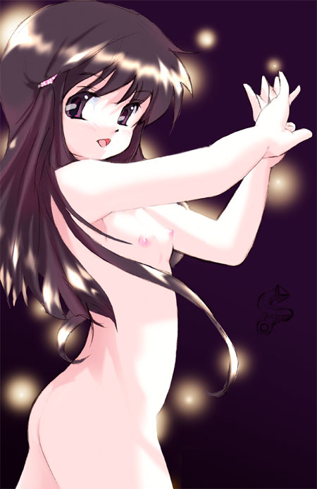st+1, original, 1girl, :o, armpits, arms up, ass, blue eyes, breasts, brown eyes, brown hair, female focus, from side, loli, long hair, looking at viewer, looking back, looking to the side, nipples, nude, open mouth, outstretched arms, small breasts, solo, standing