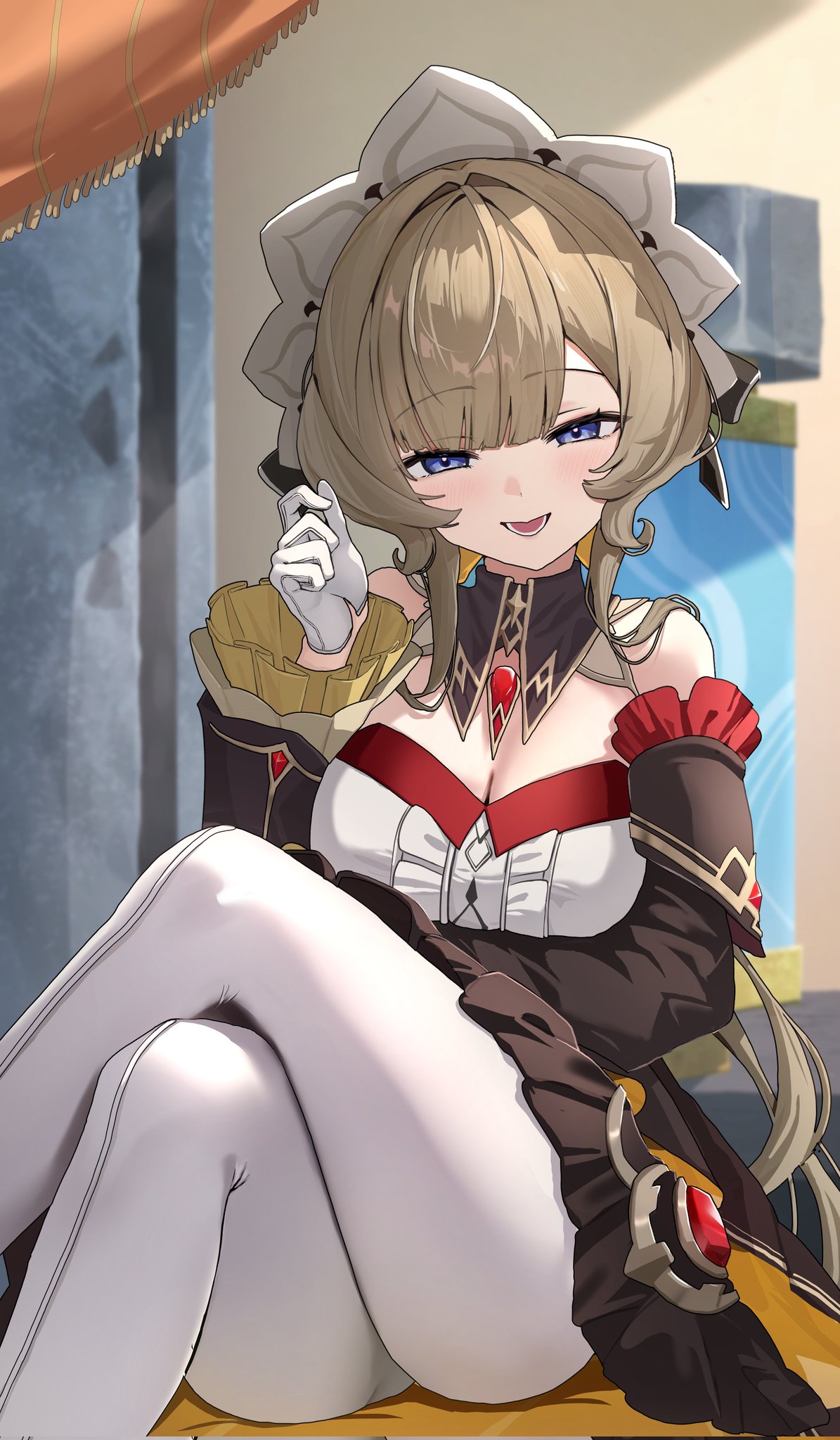 339 akano, sandrone (genshin impact), genshin impact, highres, 1girl, bare shoulders, black dress, blue eyes, breasts, brown hair, cleavage, crossed legs, detached sleeves, dress, gloves, hand up, long sleeves, looking at viewer, open mouth, outdoors, pantyhose, sitting, smile, solo, white gloves, white pantyhose