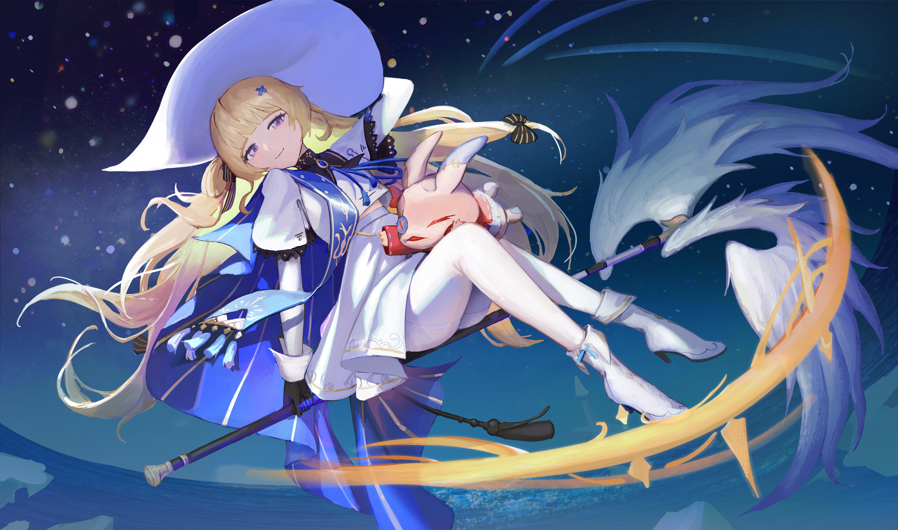 phoebe (wuthering waves), wuthering waves, commentary, highres, 1girl, black collar, black gloves, blonde hair, blue sash, boots, closed mouth, collar, gloves, hair ornament, hat, high heel boots, high heels, holding, holding staff, long hair, long sleeves, looking at viewer, lottie lost (wuthering waves), pantyhose, purple eyes, riding, sadoku2929, sash, shirt, skirt, smile, staff, tacet discord (wuthering waves), very long hair, white boots, white hat, white pantyhose, white shirt, white skirt, x hair ornament