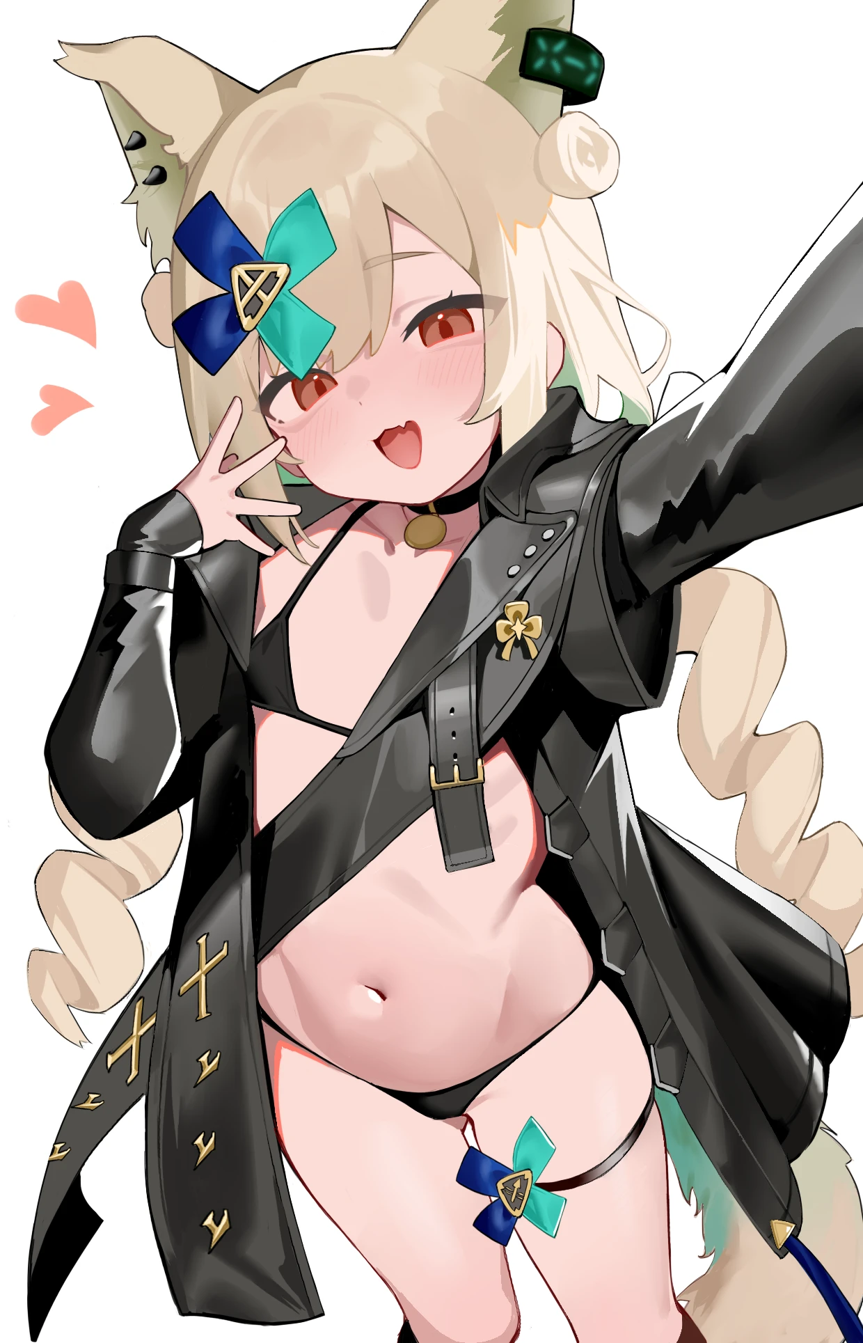 hei tudou, arknights, character request, highres, 1girl, animal ears, bikini, black bikini, black choker, black jacket, blonde hair, blush, breasts, cat ears, cat tail, choker, drill hair, ear piercing, extra ears, hair ornament, hairclip, jacket, long hair, long sleeves, looking at viewer, midriff, morpheus (arknights), navel, open mouth, piercing, red eyes, simple background, small breasts, smile, solo, swimsuit, tail, thigh strap, twin drills, white background