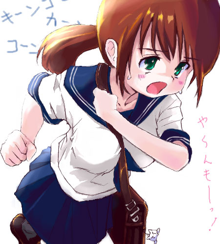 st+1, original, lowres, 1girl, between breasts, blue sailor collar, blue skirt, breasts, brown hair, clenched hands, female focus, green eyes, long hair, over shoulder, pleated skirt, ponytail, running, sailor collar, school uniform, serafuku, simple background, skirt, solo, strap between breasts, sweatdrop, white background