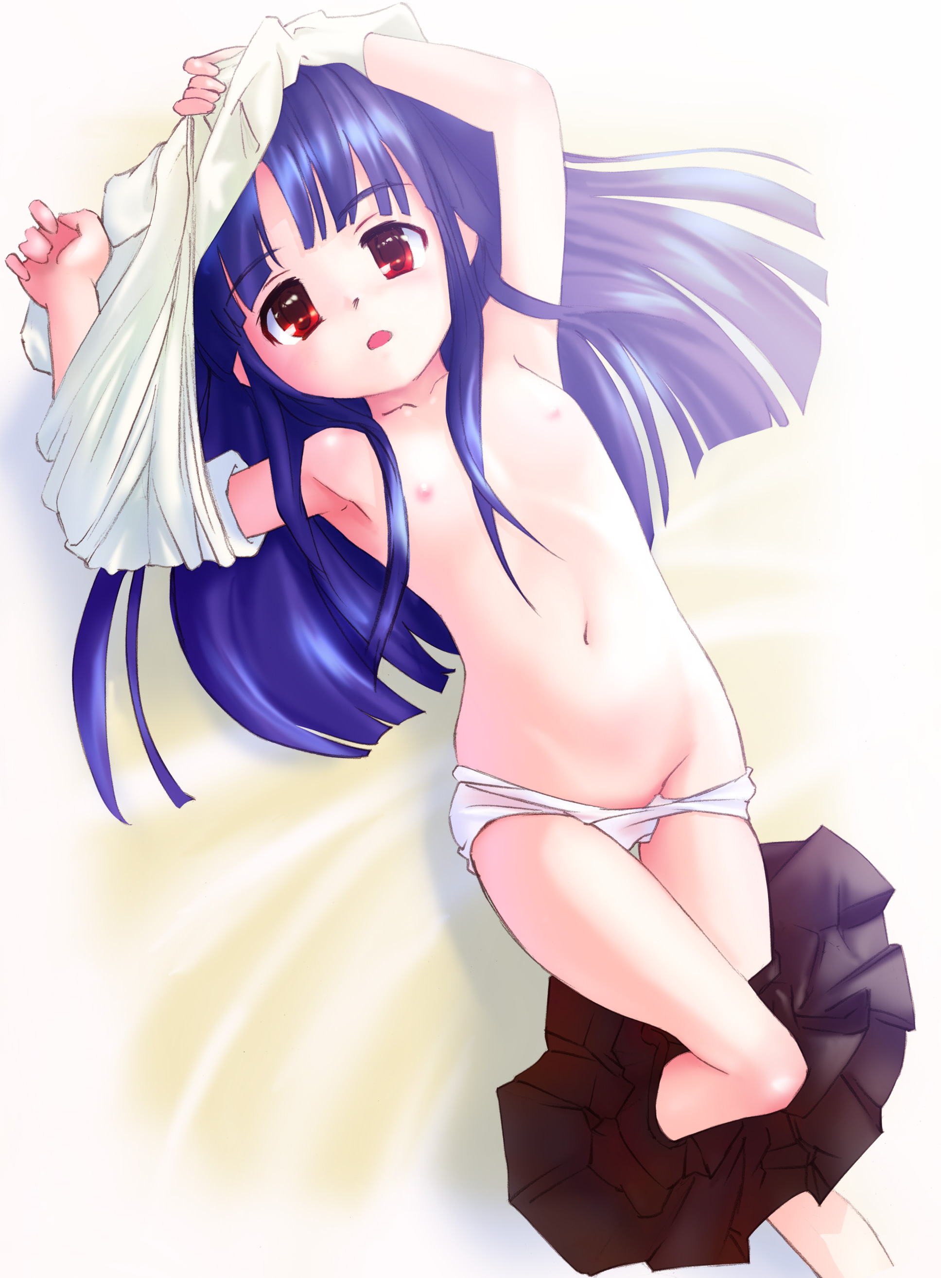 st+1, furude rika, higurashi no naku koro ni, absurdres, copyright request, highres, 00s, 1girl, female focus, loli, panties, panty pull, solo, topless female, underwear