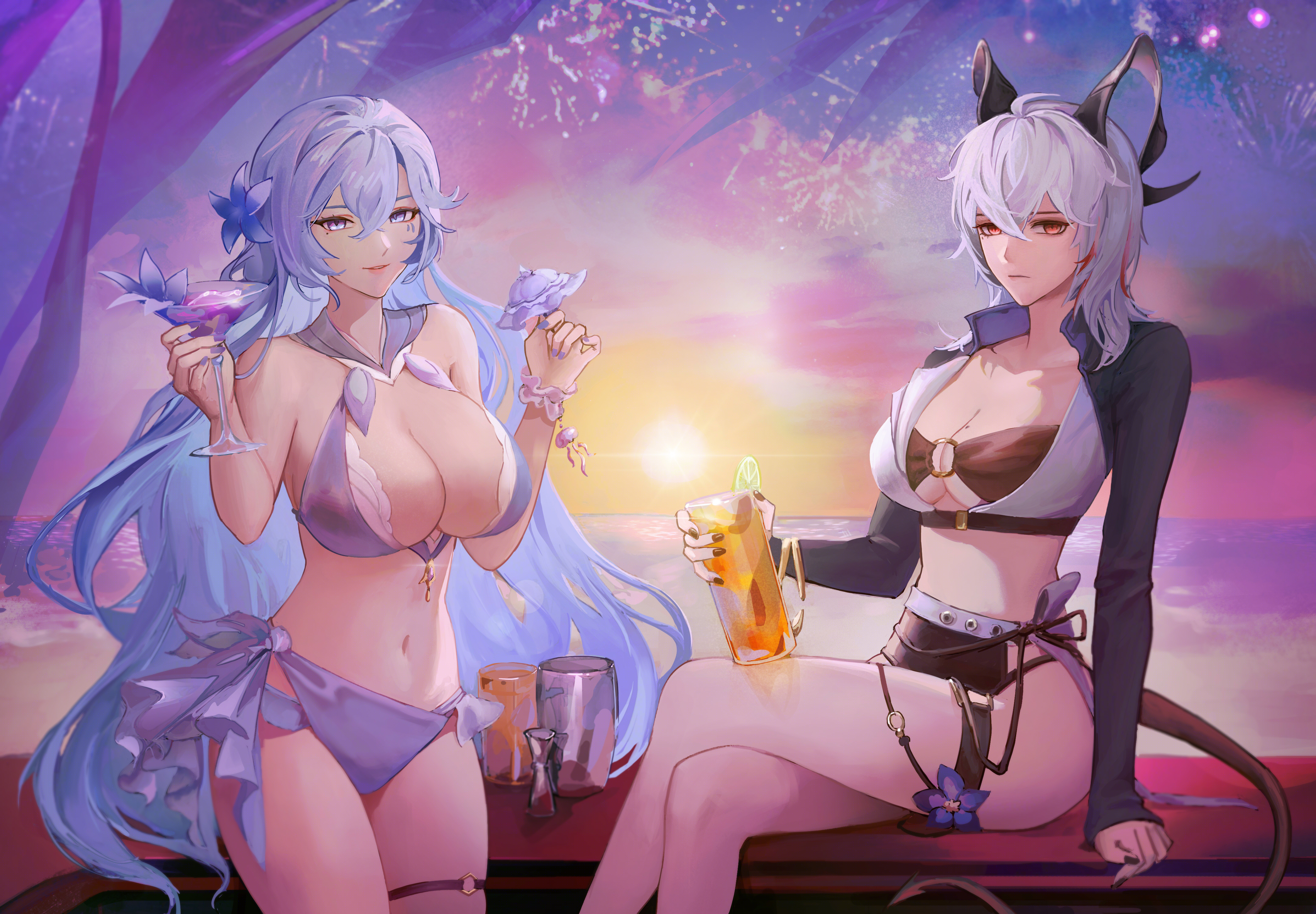 cantarella (wuthering waves), zani (wuthering waves), wuthering waves, absurdres, commentary, english commentary, highres, 2girls, alternate costume, bare shoulders, bikini, black horns, black nails, black tail, breasts, cleavage, crossed legs, cup, curled horns, drinking glass, flower, grey hair, hair between eyes, hair flower, hair ornament, holding, holding cup, horns, large breasts, long hair, looking at viewer, multiple girls, nail polish, navel, o-ring, o-ring thigh strap, o-ring top, purple bikini, purple flower, purple hair, purple nails, red eyes, sadoku2929, stomach, swimsuit, tail, thigh strap, thighs, very long hair