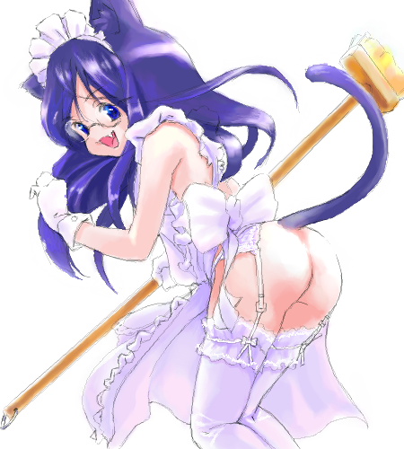 st+1, original, lowres, 1girl, animal ears, apron, ass, cat ears, cat tail, female focus, garter belt, lingerie, loli, maid, naked apron, no panties, solo, tail, thighhighs, underwear