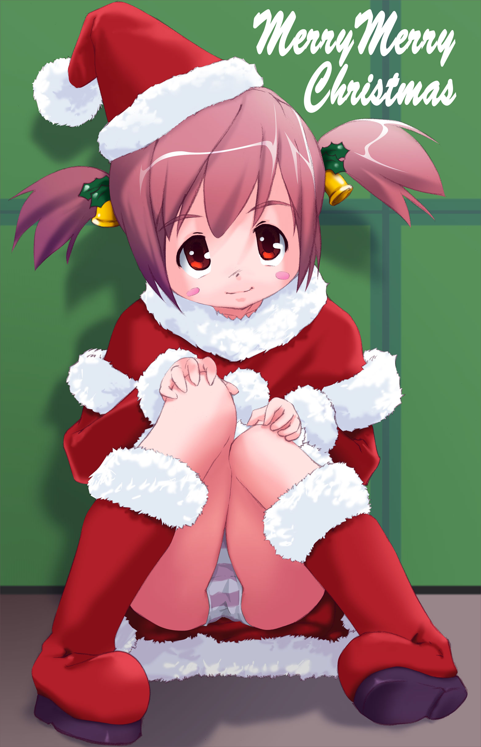 st+1, santa boots, absurdres, copyright request, highres, 1girl, bell, blush stickers, boots, brown hair, christmas, female focus, green background, hair bell, hair ornament, hat, knees together feet apart, loli, looking at viewer, panties, pantyshot, red eyes, santa costume, santa hat, sitting, smile, solo, striped clothes, striped panties, twintails, underwear