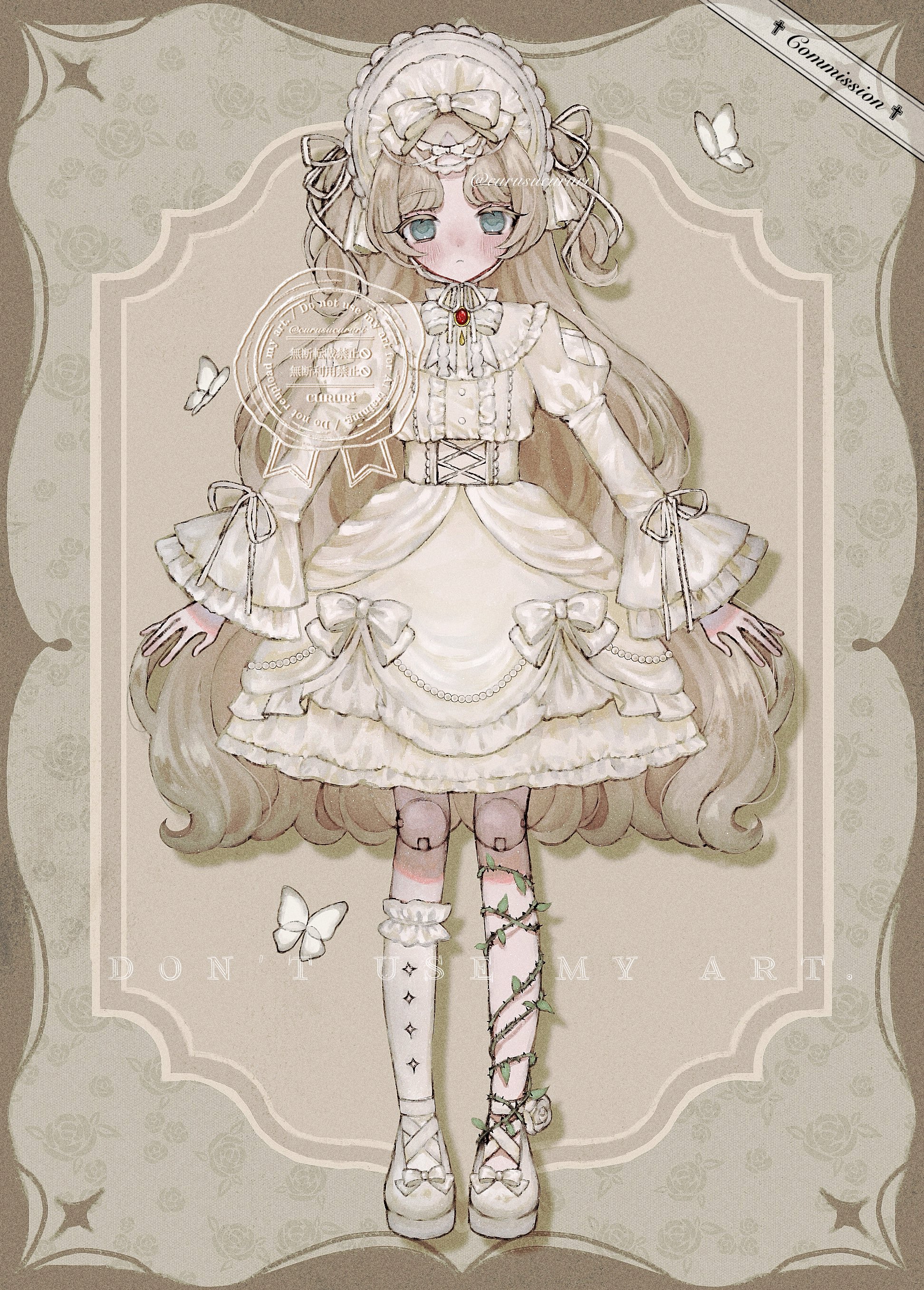 original, absurdres, commission, highres, 1girl, blonde hair, blue eyes, blush, bonnet, bow, bug, butterfly, closed mouth, corset, curusucururi, doll joints, dress, dress bow, footwear bow, frilled bonnet, frilled dress, frilled sleeves, frilled socks, frills, full body, insect, joints, juliet sleeves, kneehighs, lolita fashion, long hair, long sleeves, looking at viewer, platform shoes, puffy sleeves, red brooch, shoes, single sock, socks, solo, standing, two side up, very long hair, vine on leg, white bonnet, white bow, white butterfly, white corset, white dress, white shoes, white socks, wide sleeves