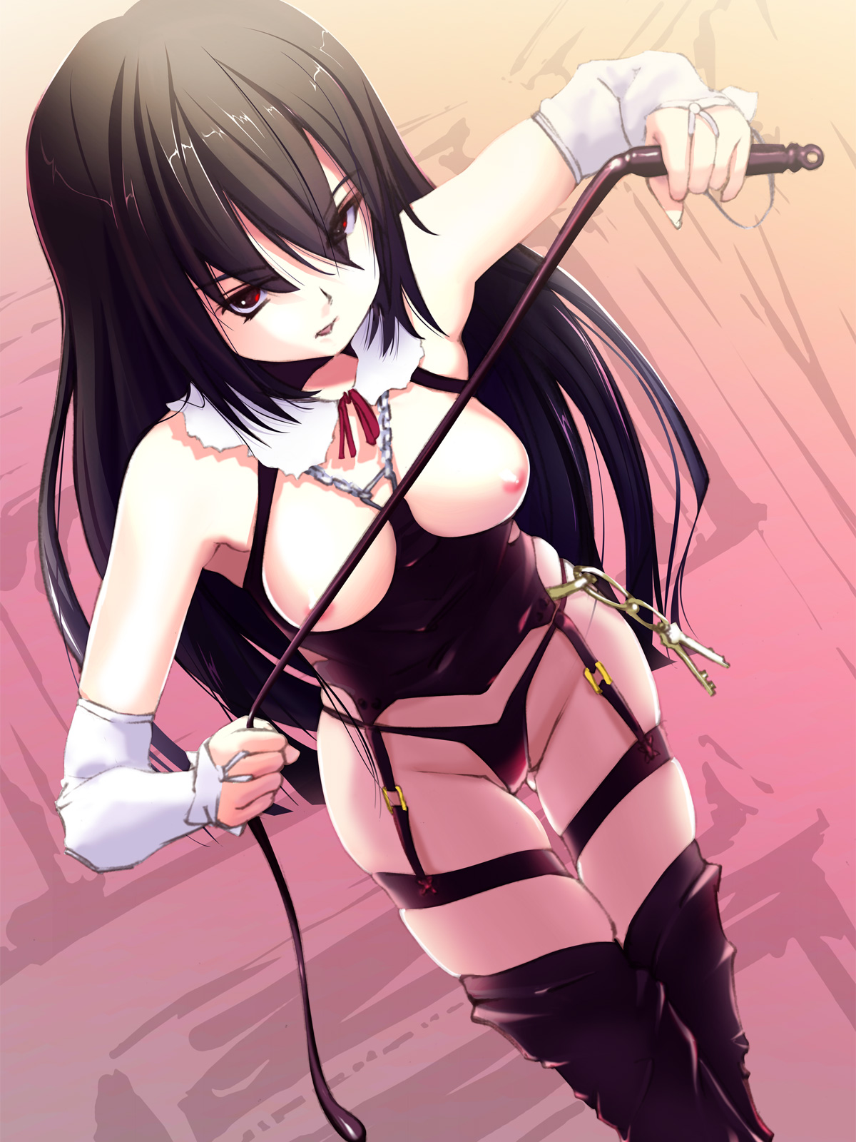 st+1, highres, 1girl, bdsm, black hair, boots, breastless clothes, breasts, bridal gauntlets, dominatrix, dutch angle, female focus, framed breasts, from above, large breasts, long hair, nipples, red eyes, solo, thigh boots, thighhighs, whip