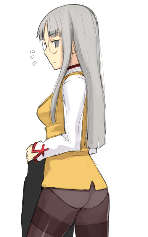 yu 65026, himuro kane, fate/stay night, fate (series), 00s, 1girl, ass, bottomless, female focus, flat ass, glasses, grey hair, long hair, no pants, panties, panties under pantyhose, pantyhose, solo, thighband pantyhose, underwear