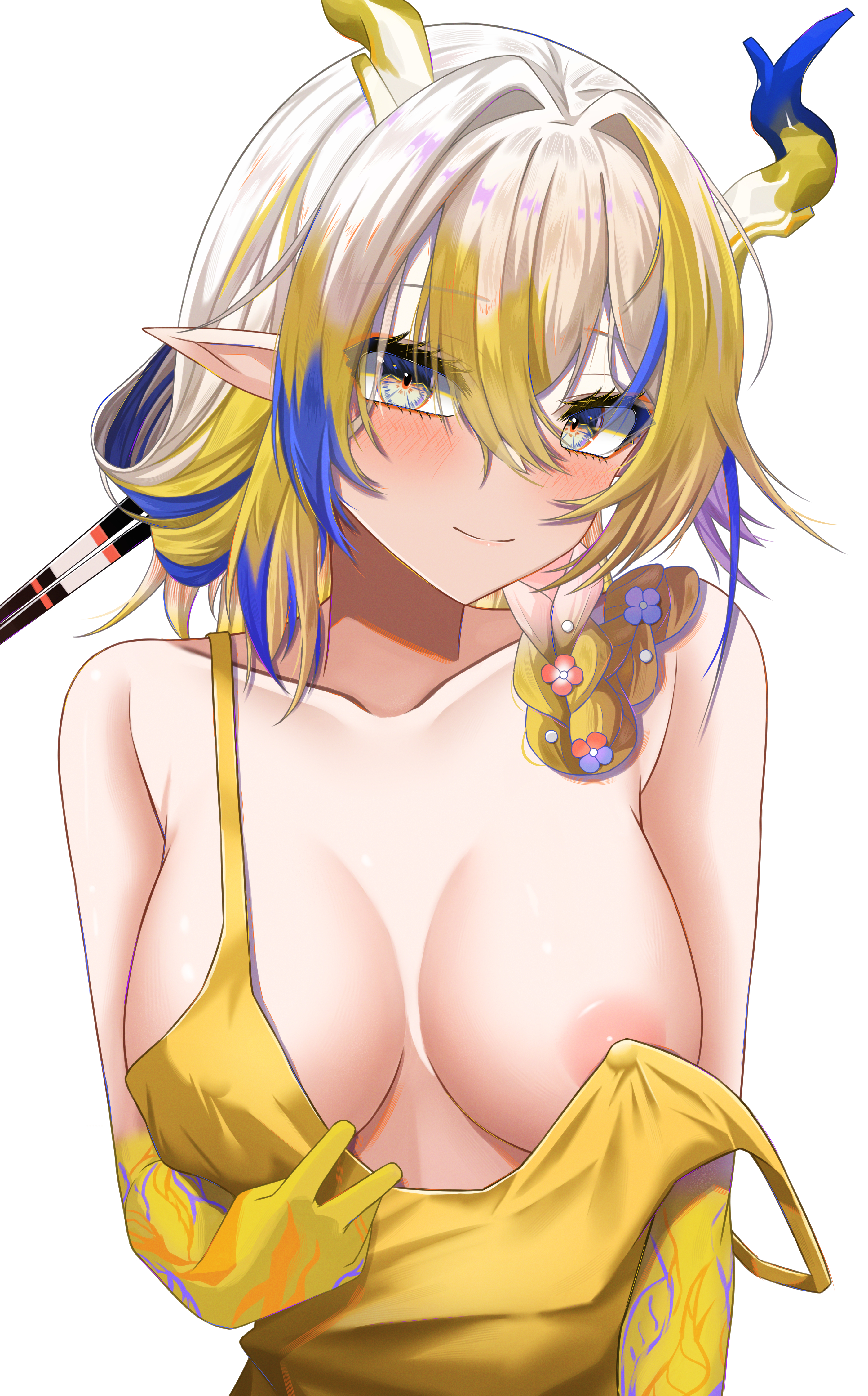 shu (arknights), arknights, absurdres, highres, 1girl, alternate costume, apron, bare arms, bare shoulders, blonde hair, blue hair, blush, braid, breasts, closed mouth, collarbone, colored extremities, dragon girl, dragon horns, flower, grey eyes, hair between eyes, hair flower, hair intakes, hair ornament, horns, large breasts, long hair, looking at viewer, nipples, pointy ears, simple background, smile, solo, strap slip, upper body, vailtred, white background, white hair, yellow apron