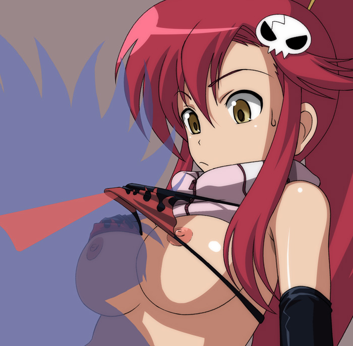 40010prototype, yoko littner, tengen toppa gurren lagann, 00s, 1girl, bikini, bikini top lift, breasts, clothes lift, female focus, kamina shades, looking down, nipples, solo, swimsuit, triangular eyewear, upper body